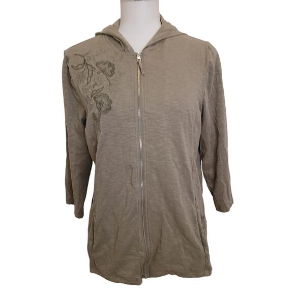 Weekends by Chicos olive green embroidered hoodie full zip 3/4 sleeve floral 8 - Picture 1 of 11